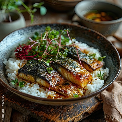 rice with fish, close-up, for the menu photo