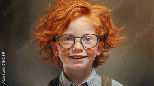 Portrait of a positive redhead boy schoolboy wearing glasses on a green background. AI generated