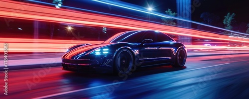 EV driving fast at night, d...