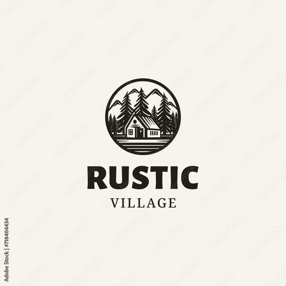 premium wooden cabin and mountain pine forest retro vector black logo