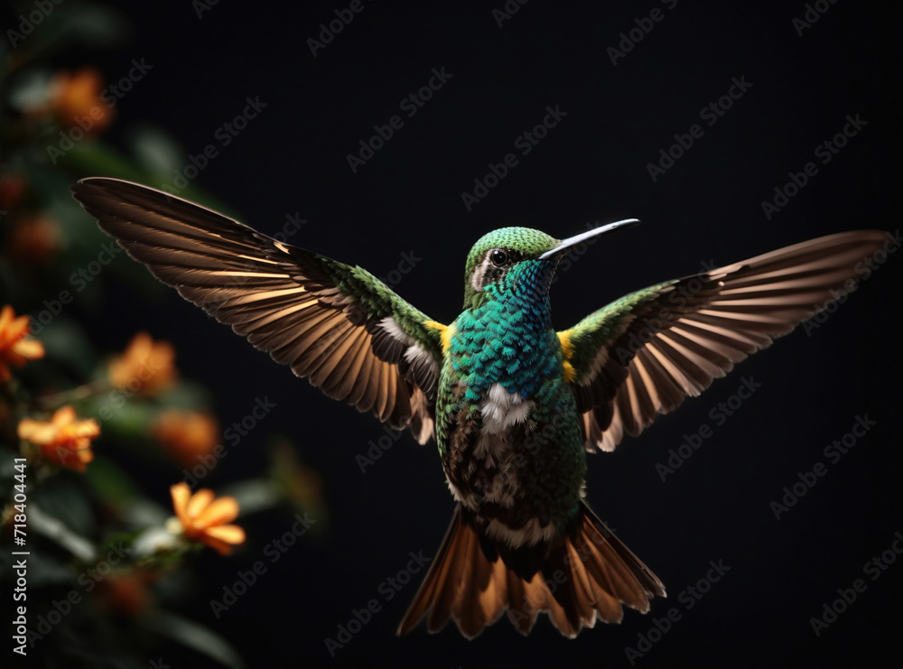 Obraz premium Black Studio Background with a Hummingbird
