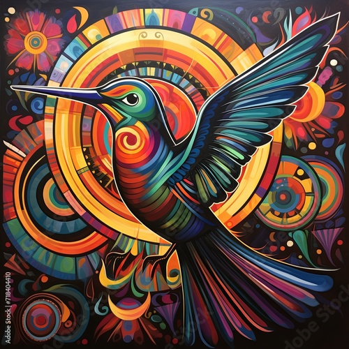 A painting of a colorful bird with swirls and circles