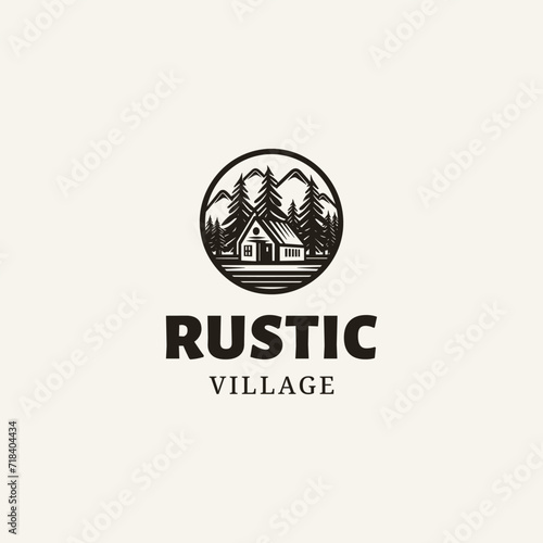 Obraz na płótnie premium wooden cabin and mountain pine forest retro vector black logo w salonie