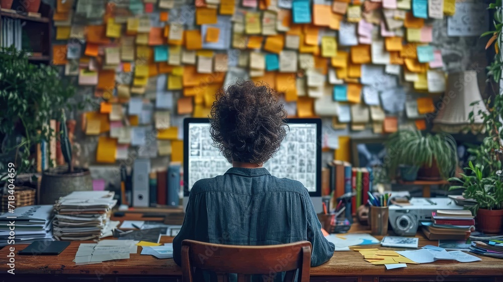 person and computer made out of yellow and blue sticky notes, sitting at a desk, 