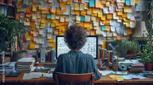 person and computer made out of yellow and blue sticky notes, sitting at a desk, 
