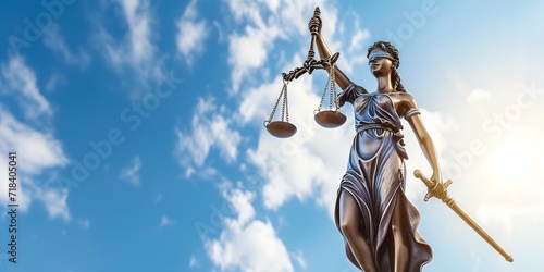 Statue of Justice with scales of justice on sky background. Law and justice concept.