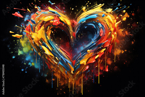 Colorful Heart, painted in oil paint on textured black canvas. Valentine day card design