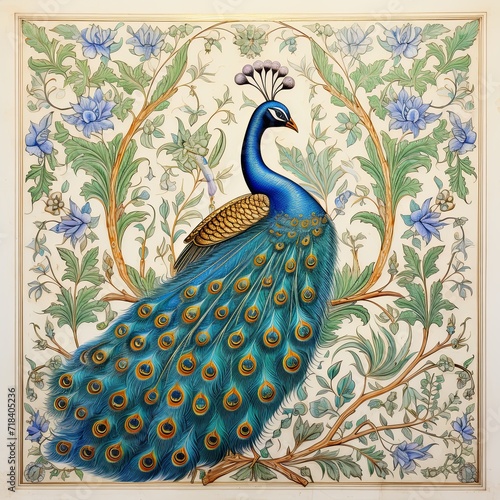 A painting of a peacock sitting on a tree branch