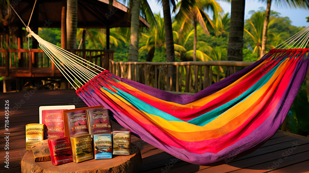 Relaxing in a Garden Hammock, Vacation and Leisure, Summer Rest and Nature, Green and Comfortable Lifestyle, Daytime and Lazy Recreation, Happy and Calm Sun, Book and Dreamy Outdoors Relaxing in a Garden Hammock, Vacation and Leisure, Summer Rest and Nature, Green and Comfortable Lifestyle, Daytime and Lazy Recreation, Happy and Calm Sun, Book and Dreamy Outdoors