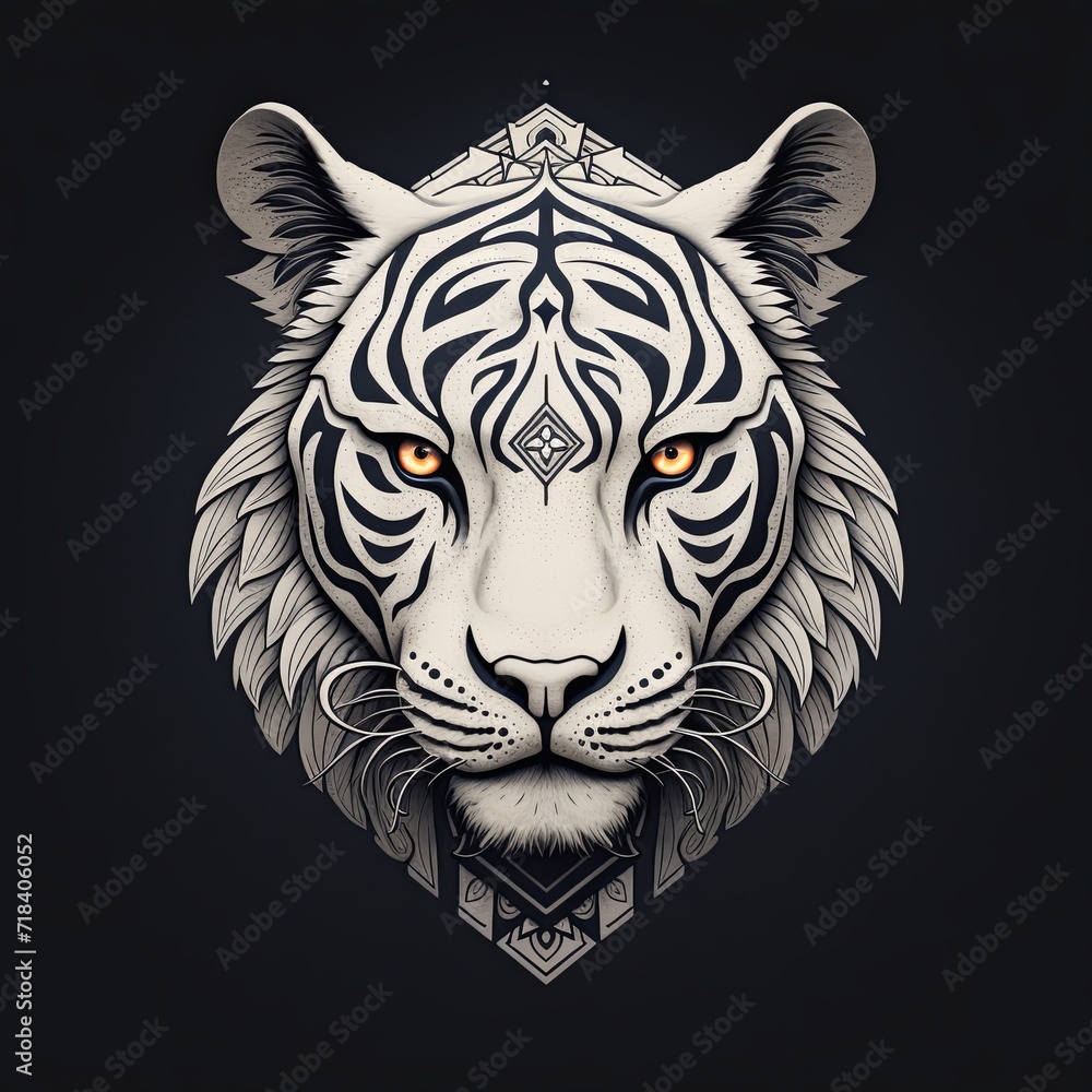 A white tiger with orange eyes on a black background