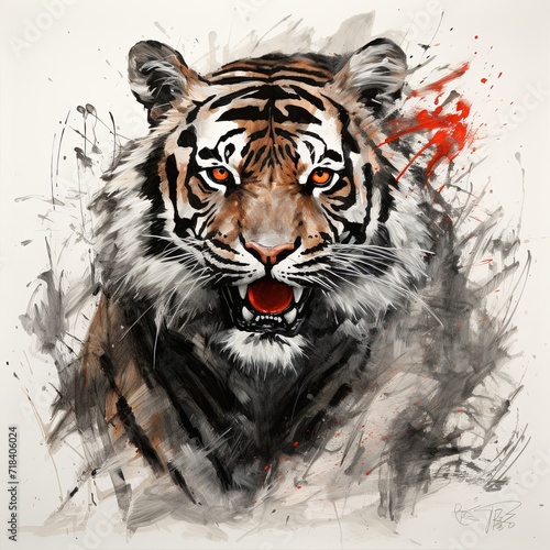 A painting of a tiger with red eyes