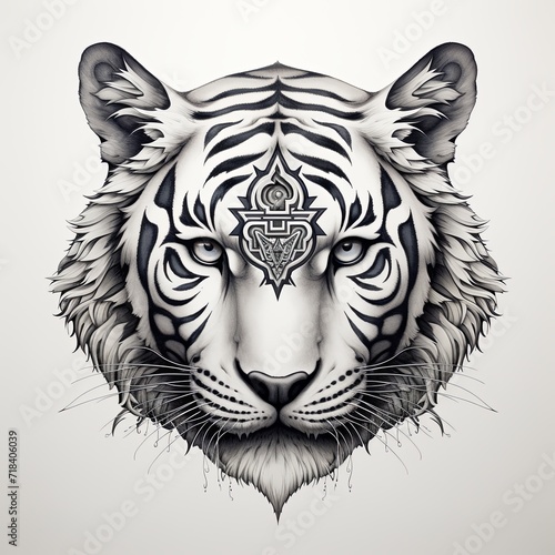 A white tiger with a black and white design on it s face