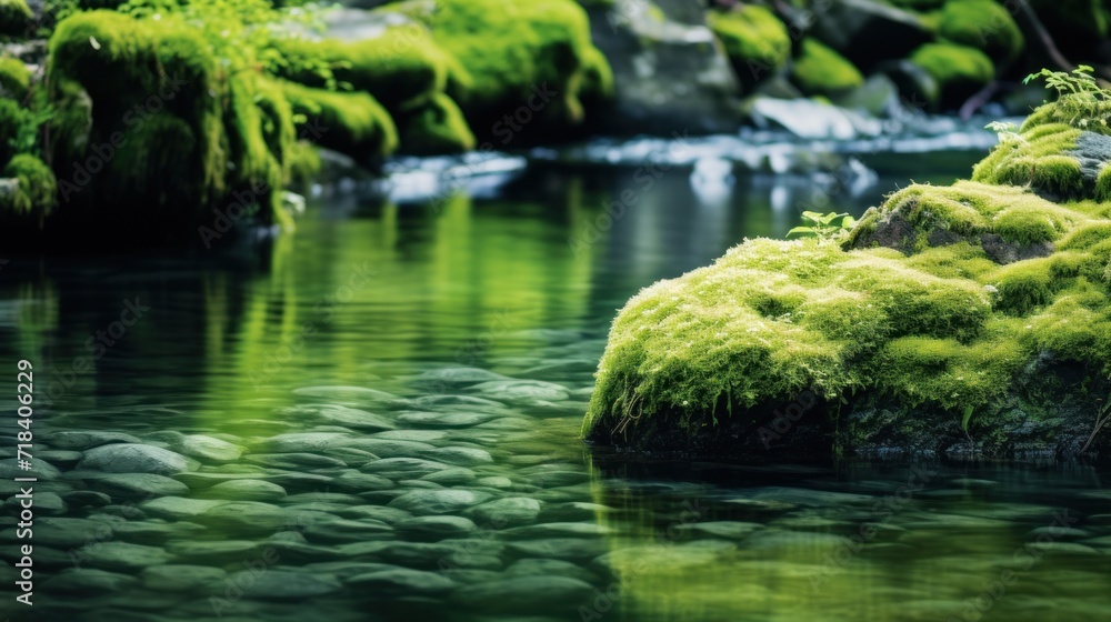 a stream running through a lush green forest next to a lush green forest filled with lots of green moss covered rocks. a stream running through a lush green forest next to a lush green forest filled with lots of green moss covered rocks.