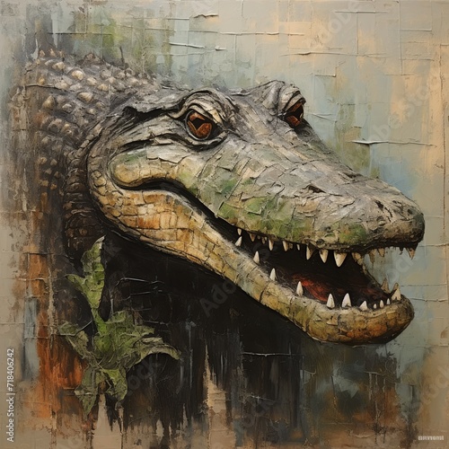 A painting of a crocodile with its mouth open