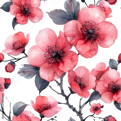 Watercolor red pink flowers seamless pattern