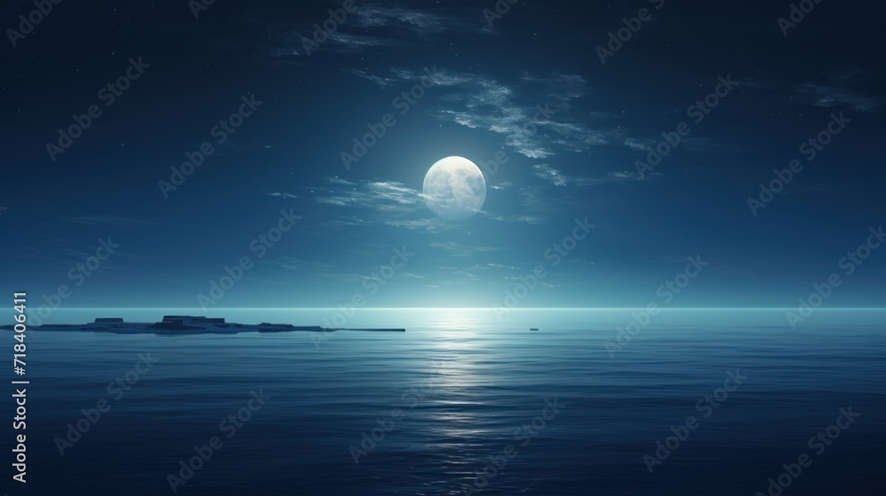  a large body of water with a boat in the middle of the water and a full moon in the sky.