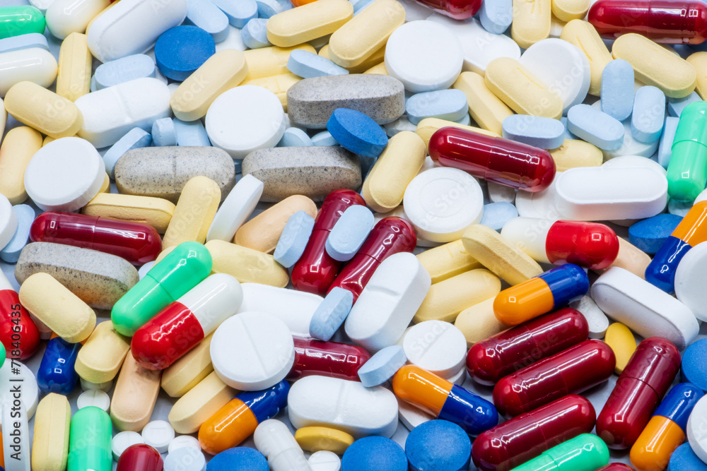 Close-up of medicines in different formats and colors stacked Close-up of medicines in different formats and colors stacked