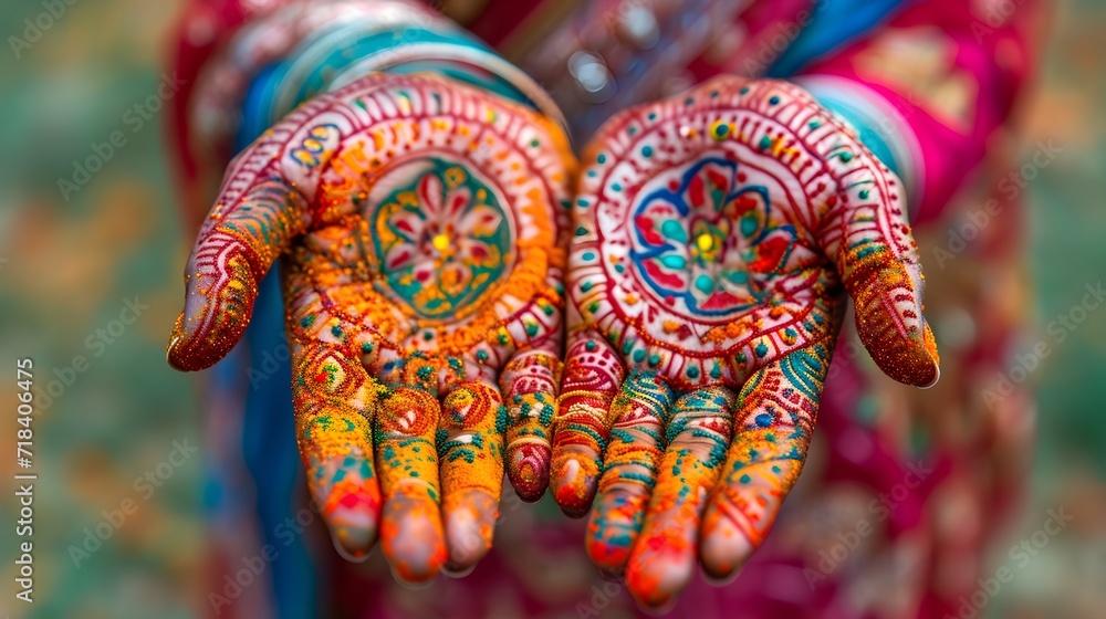 Fototapeta premium Close-up of a woman's hand adorned with intricate mehndi designs at the lively Holi festival