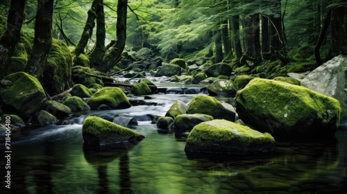  a stream running through a lush green forest filled with lots of rocks and moss growing on the side of it.