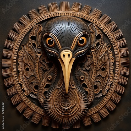 An intricately designed bird head on a black wall