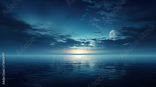  a large body of water with a full moon in the sky and a few clouds in the sky above it. © Olga