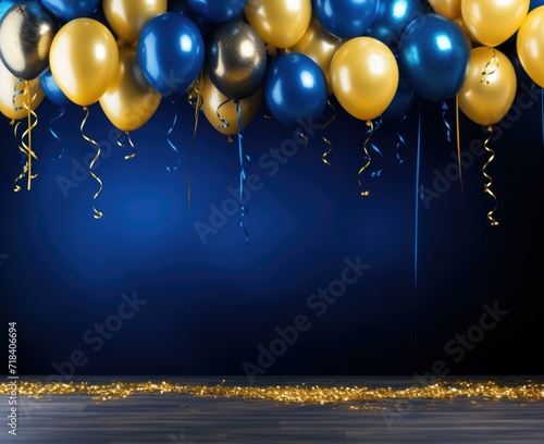 Blue and gold balloons on a blue background. Generative AI.