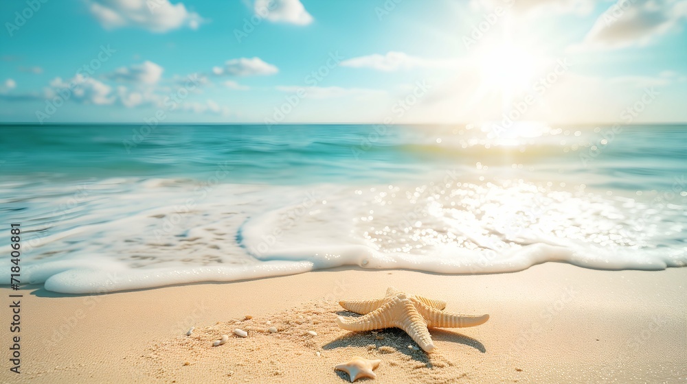 Starfish on the beach with sea and sky background. Summer vacation concept Starfish on the beach with sea and sky background. Summer vacation concept