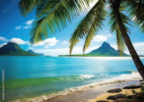 A tropical beach with palm trees and a mountain in the background. Generative AI.