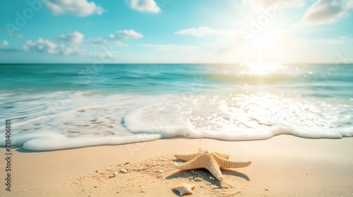 Starfish on the beach with sea and sky background. Summer vacation concept
