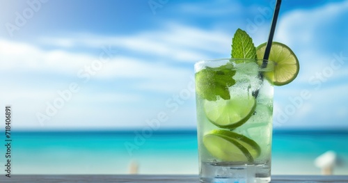A glass of mojito with lime and mint on the beach. Generative AI.