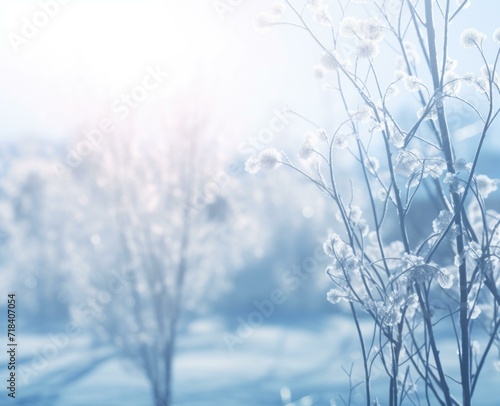 Winter landscape with snow and plants in the background. Generative AI.