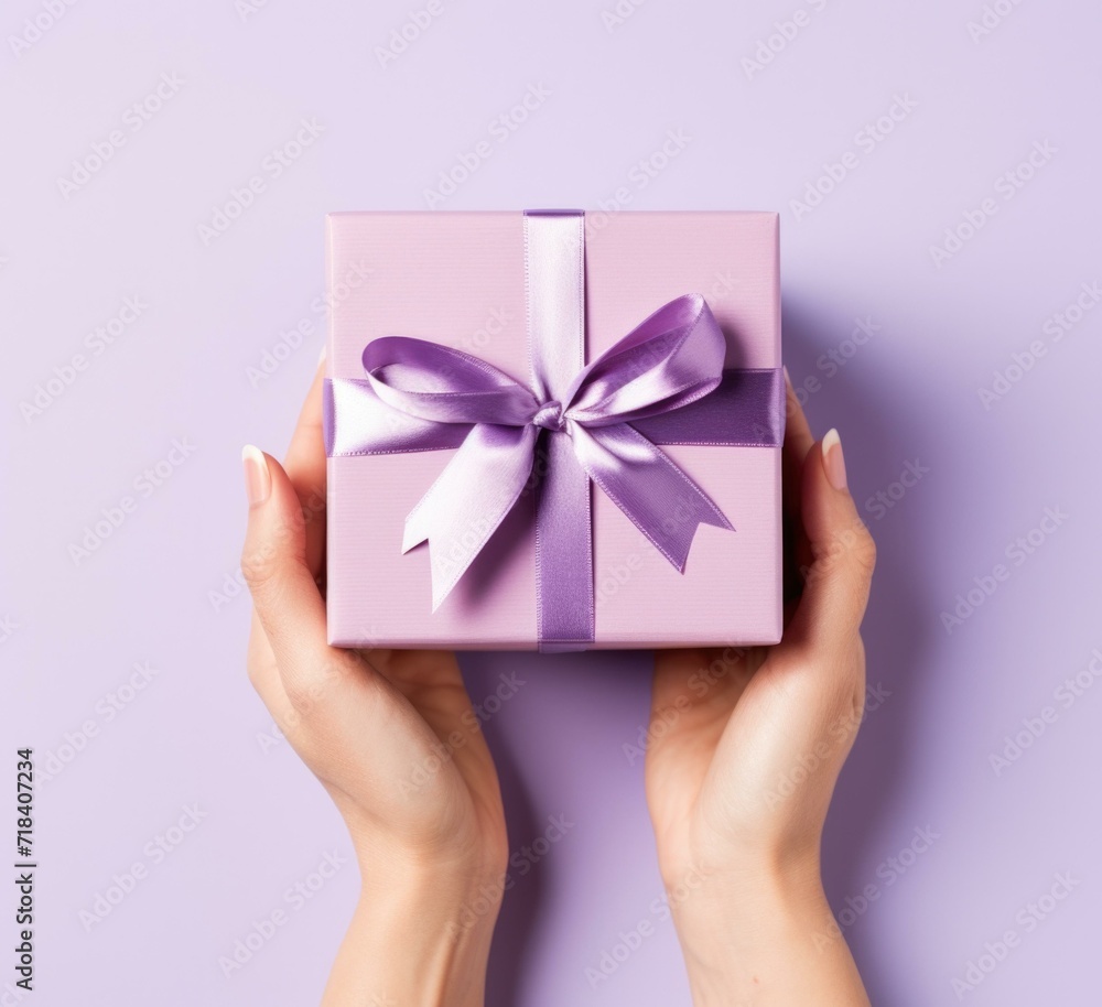 Female hands holding a purple gift box on a violet background. Generative AI. Female hands holding a purple gift box on a violet background. Generative AI.