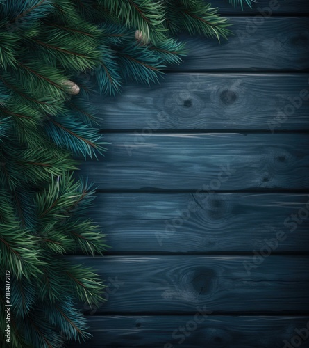 Christmas background with fir branches on wooden planks. Generative AI.