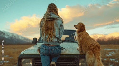 A girl wearing jeans and a hoodie sits on top of a SUV with a 1-year old golden retriever runs alongside her