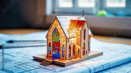 stain glass model of church on a blueprint, new home concept, copy space 