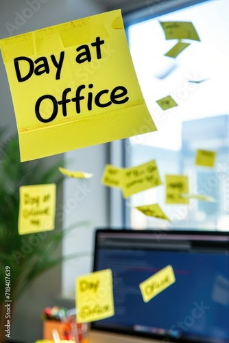 sticky notes flying in the air, sticky notes say "Day at Office", background is computer screen 