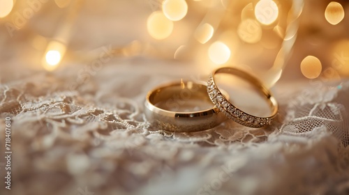 Elegant Wedding Rings: Captured on Lace-Covered Wedding Dress with Bokeh Background