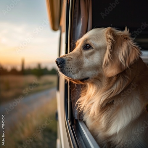 Dog on the car, waiting people, on road trip in evening. Generative AI.