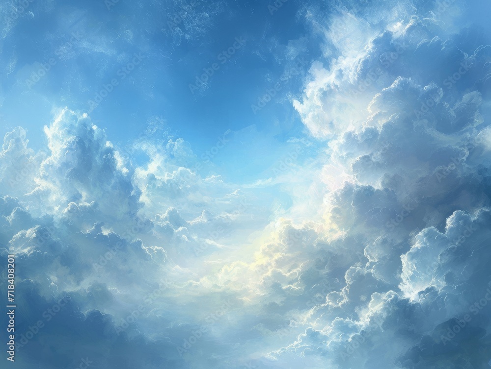 Scene is filled with soft, fluffy clouds in shades of white and light blue with subtle hints of rainbows. Generative AI.