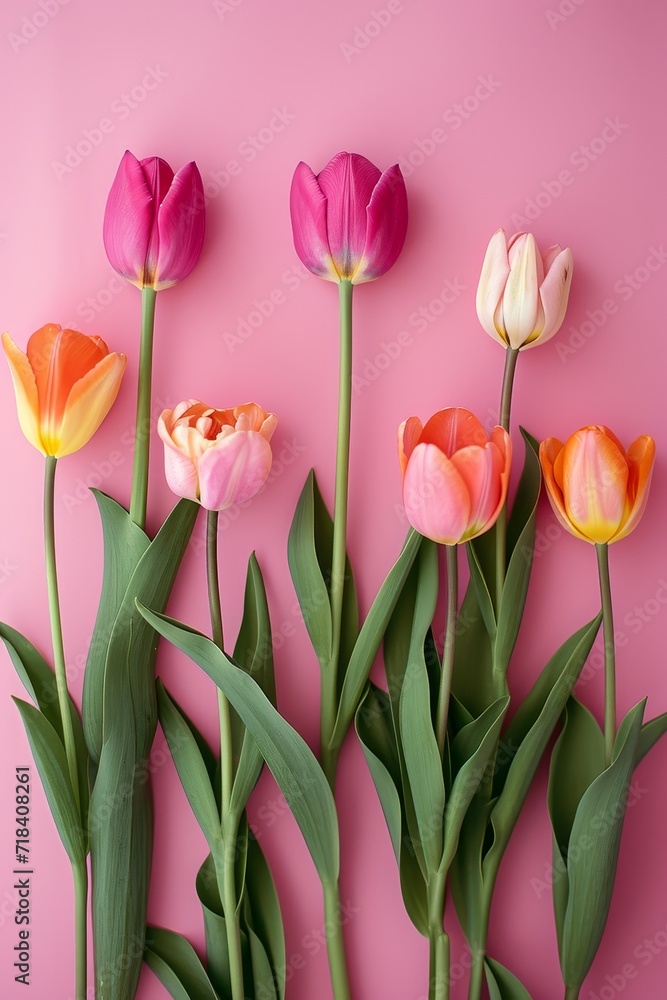 Flat lay of Creative arrangement with various pink and orange tulips flowers separated against pastel pink background. Generative AI. Flat lay of Creative arrangement with various pink and orange tulips flowers separated against pastel pink background. Generative AI.