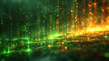 3d render. Abstract background of green neon lines sliding down. Modern digital wallpaper. Streaming glowing particles