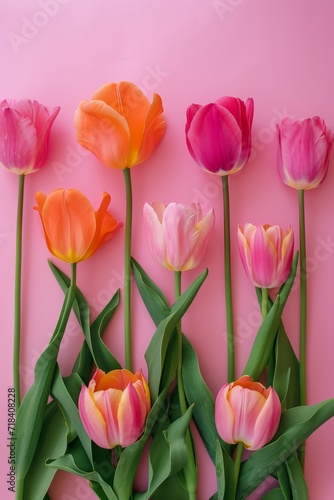 Flat lay of Creative arrangement with various pink and orange tulips flowers separated against pastel pink background. Generative AI.