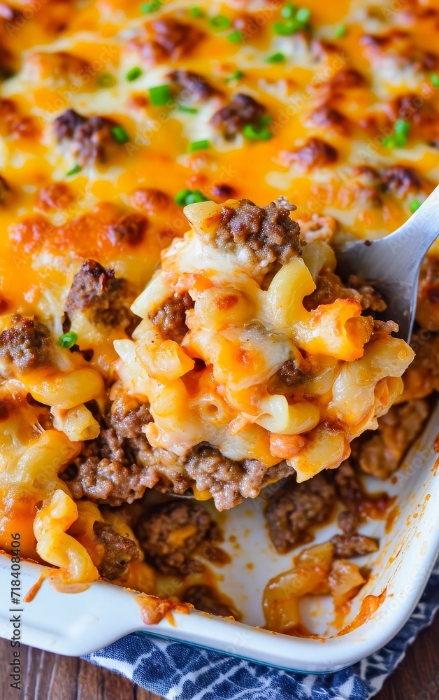 Looks Delicious Close-Up Hamburger Casserole. Generative AI. Looks Delicious Close-Up Hamburger Casserole. Generative AI.