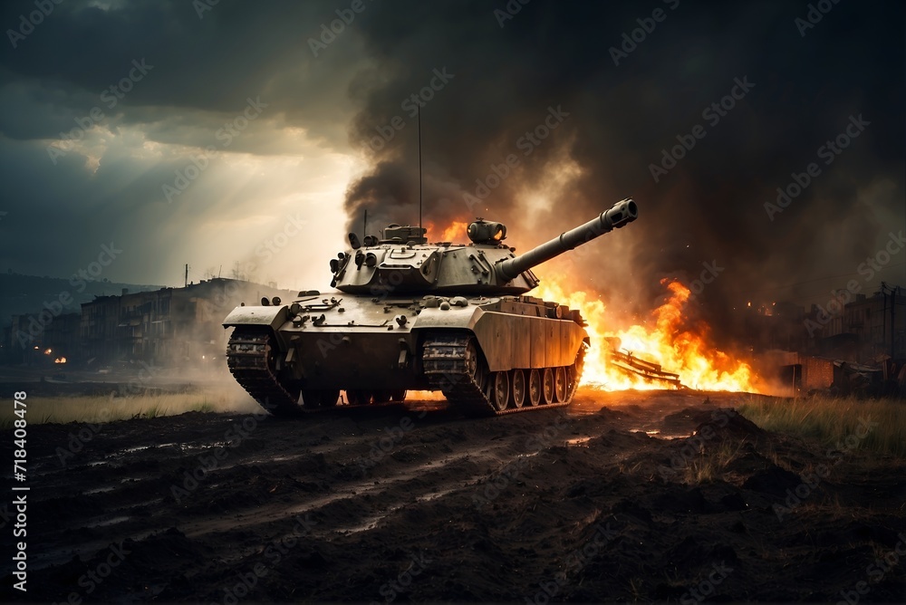 Armored tank on a battle field in a war. Fire and destructed city in the background - obrazy, fototapety, plakaty 