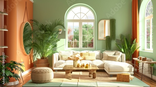 a bright Mediterranean Style living room in colors green sage and amber 