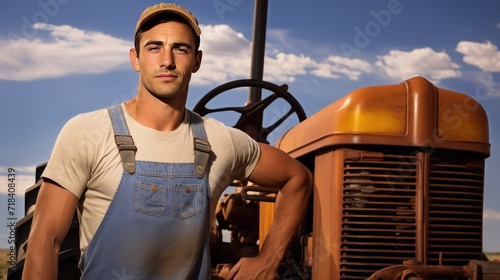 American young male farmer standing next to the tractor 