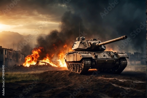 Armored tank on a battle field in a war. Fire and destructed city in the background