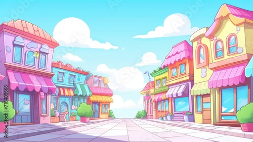 cartoon illustration street scene. Two charming buildings, one pink and the other beige, are adorned with blooming flower boxes.