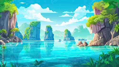 cartoon illustration Pristine beaches  limestone cliffs  and vibrant coral reefs.