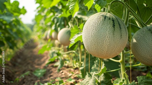 Growing fresh organic melons in the garden. Generative AI.